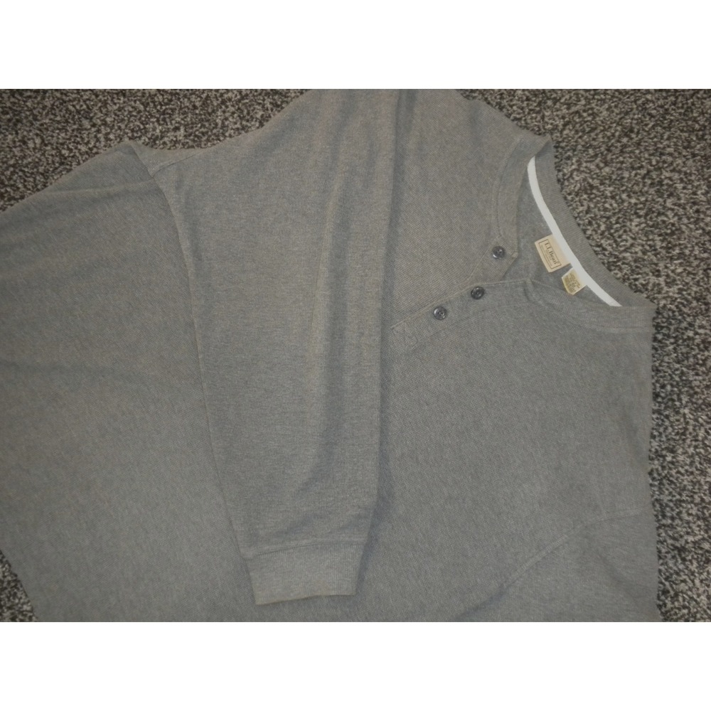 LL Bean Henley Shirt XXL Gray Non Shrink Mini Waffle Traditional Fit Long Sleeve